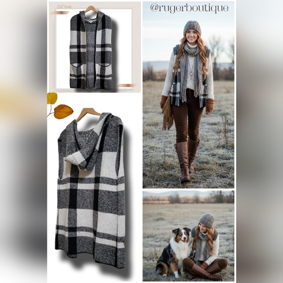 🌿Est 1946 Women's Medium Black White Buffalo Plaid Sleeveless Hooded Cardigan - Picture 11 of 13